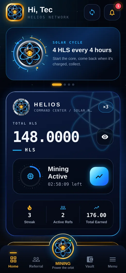 Helios app home screen with total HLS, mining status and streak