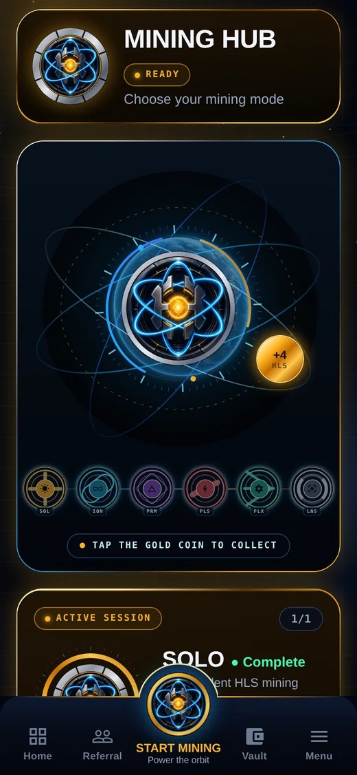 Helios mining hub with boost orbs in orbit around the core